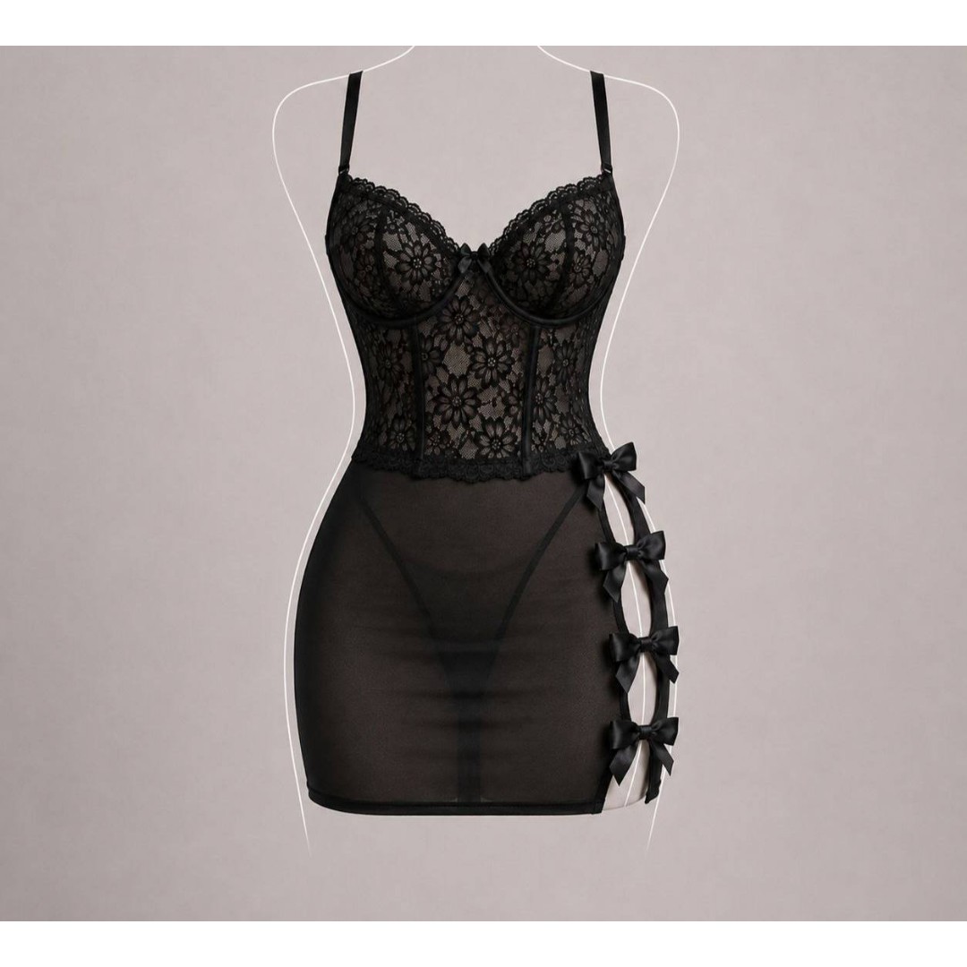 لباس خواب زنانه توری مشکی مدل کرستی پاپیونی، سایز L و XL