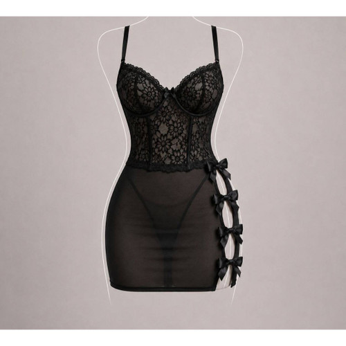 لباس خواب زنانه توری مشکی مدل کرستی پاپیونی، سایز L و XL